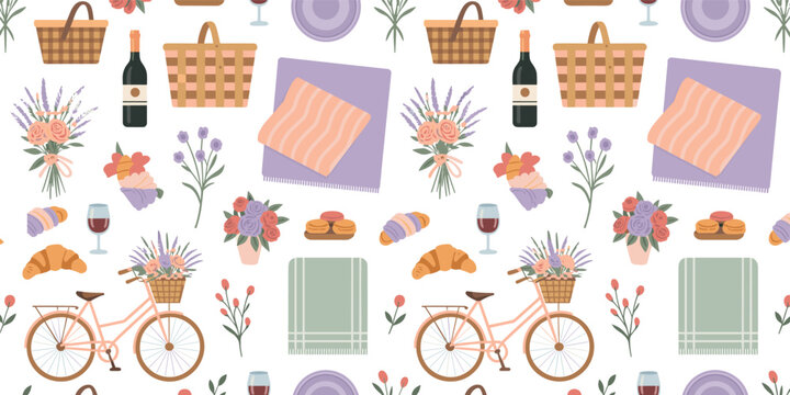 Summer picnic seamless pattern vector background with bicycle wicker baskets wine blankets flowers croissants macarons and romantic outdoor elements