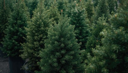 Fototapeta premium Festive collection of spruce Christmas trees in pots with lush evergreen conifer arrangements