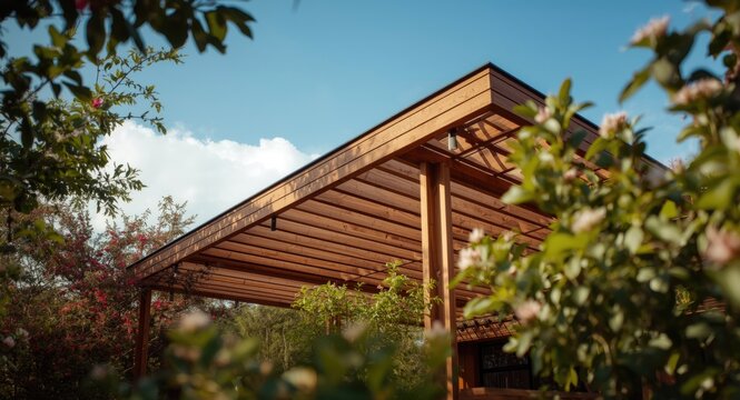 Contemporary wooden carport structure with integrated rainwater drainage and vibrant natural foliage