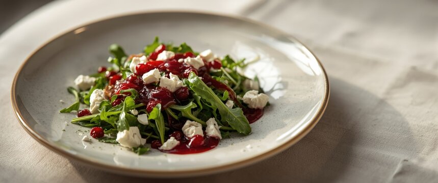Green arugula tossed salad with crunchy cheese crumbles and glossy cranberry sauce on porcelain plate