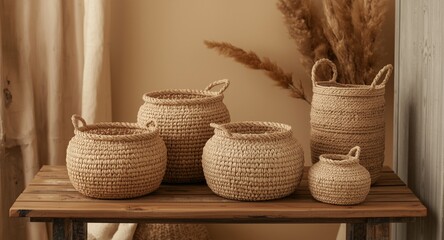 Fototapeta premium Handwoven beige knit baskets with natural jute bags on wooden table cozy interior decor