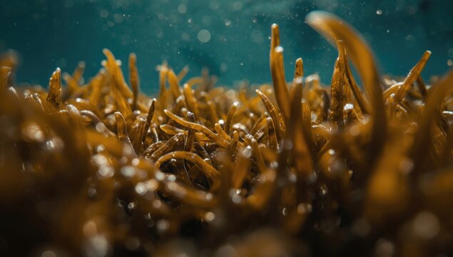 Close perspective of aquatic plant growth stimulated by natural seaweed extracts improving health and stress resilience