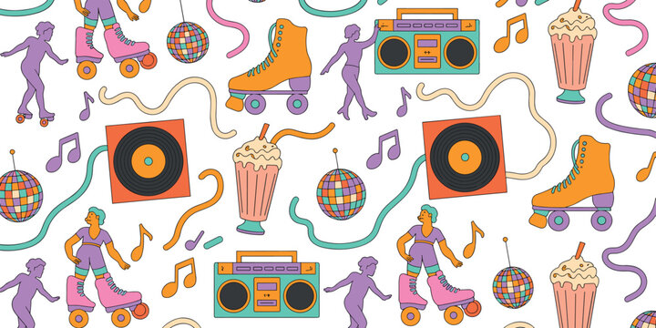 Retro roller disco seamless pattern vector background featuring vintage roller skates boombox vinyl records disco balls and milkshake elements