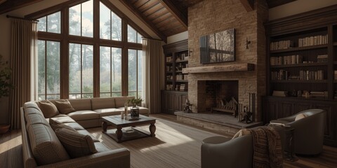 Fototapeta premium Comfortable family room with a rustic fireplace and oversized window