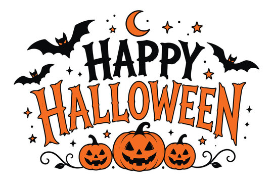 Happy halloween text with pumpkins bats and moon illustration Vector