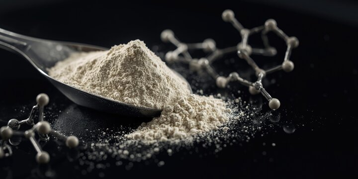 Detailed scoop of creatine monohydrate powder alongside molecular structure in copy space