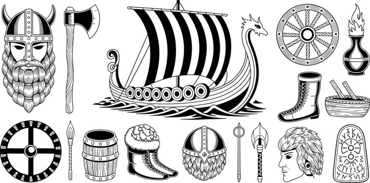 Viking attributes and nordic warrior icons set black and white flat vector illustration isolated on white background