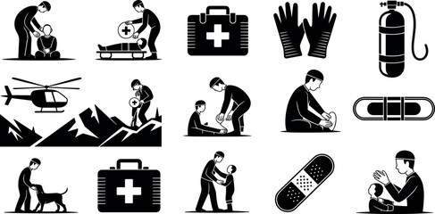 Obraz premium Emergency rescue team and first aid medical service icons set black and white flat vector illustration isolated on white background