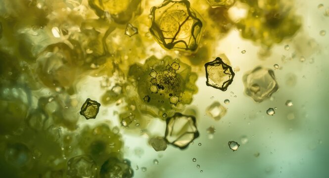 Close up microscopic image of fresh pond water plankton and algae with soft focus