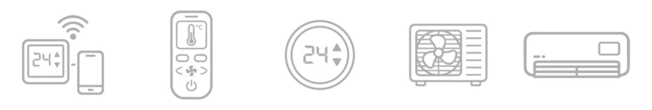 Set of icons representing air conditioning controls and devices for temperature regulation and remote operation on transparent background