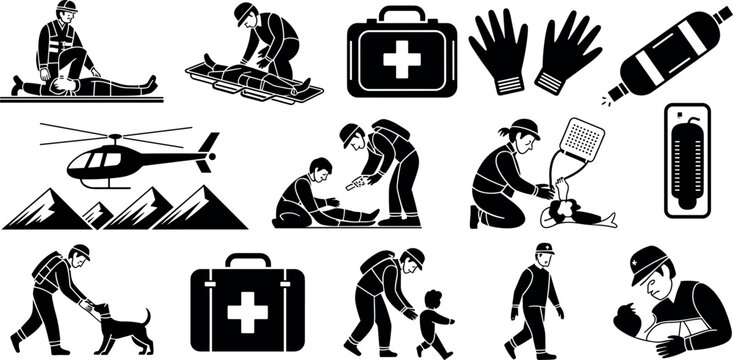 Emergency rescue team and first aid medical service icons set black and white flat vector illustration isolated on white background