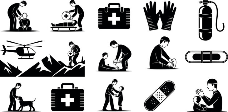Emergency rescue team and first aid medical service icons set black and white flat vector illustration isolated on white background