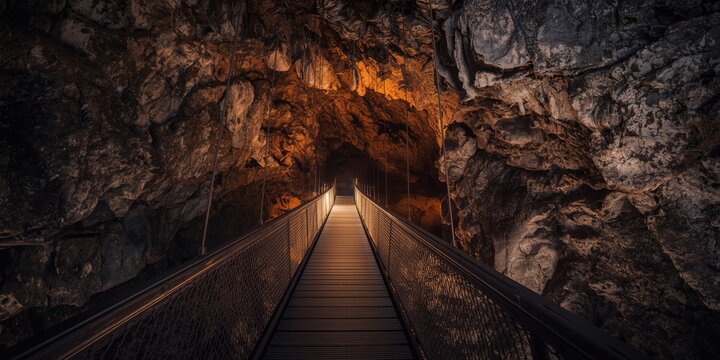 Dramatic pseudo HDR effect enhancing wooden bridge exit in giant cave