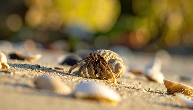 Tiny Hermit Crab Scurrying Across Sandy Shore in its Borrowed Shell