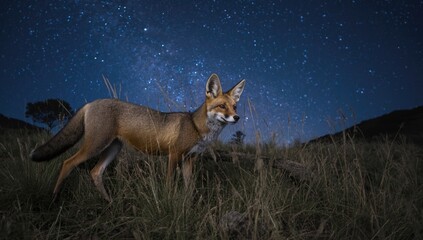 Naklejka premium Fox with big ears active under nighttime skies within a protected wilderness territory