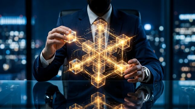 Businessman manipulating a glowing golden digital blockchain cube network representing corporate data architecture and business strategy