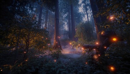 Obraz premium Fantasy Forest Setting with Fairy Lights and Magical Atmosphere