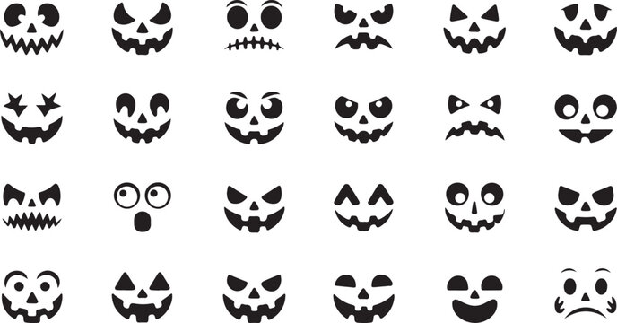 Set of halloween pumpkin faces, jackolantern silhouettes, spooky and funny carved pumpkin expressions, vector icons