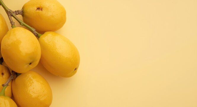 Closeup of fresh loquat fruit isolated on pastel background with copy space for text