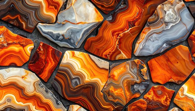 Close-up of Polished Agate Slices with Fiery Orange and White Banded Patterns.