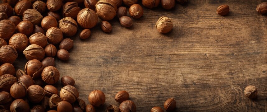 Copy space on textured background of various hazelnuts and filbert nuts