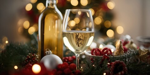 Obraz premium Close view of white wine bottle and glass amidst Christmas decorations and soft blurred holiday light bokeh