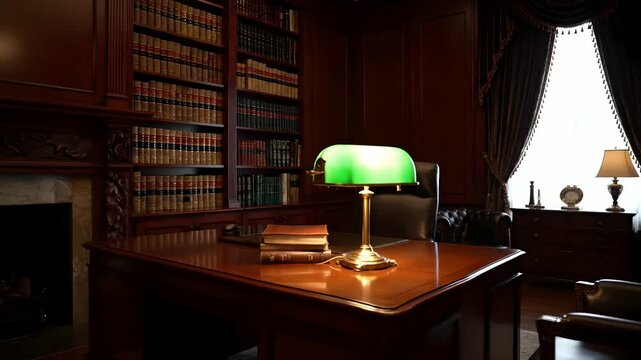 Vintage Lawyer Office with Bookshelves and Desk Lamp.