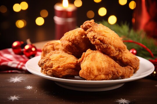 Plate of golden fried chicken pieces as a holiday meal