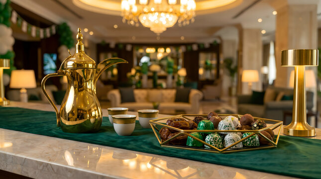 Luxurious Saudi National Day hospitality setting featuring a golden Dallah, premium dates, and festive chocolates on an emerald green velvet runner in an upscale modern interior.