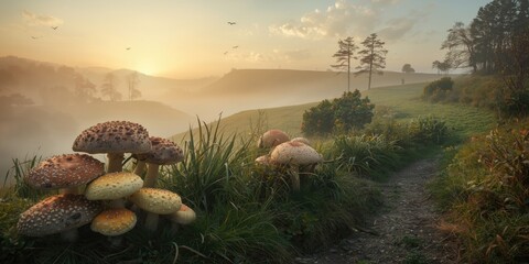 Obraz premium enchanting rural landscape featuring early morning fog and magical mushroom clusters