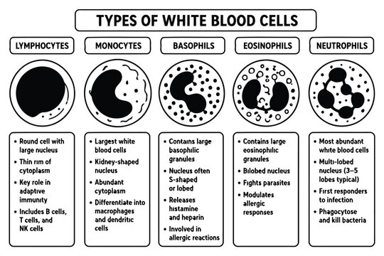 Educational chart showing types of human white blood cells Vector