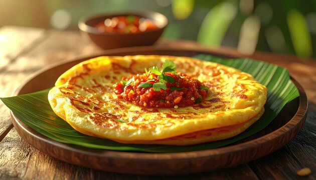 Delicious Kerala Parotta Topped with Spicy Tomato Chutney Served on Banana Leaf.