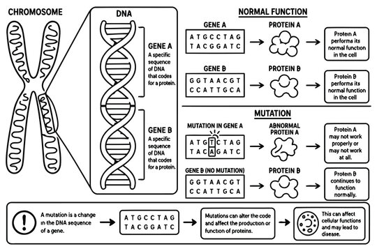 Diagram showing chromosome dna gene mutation and protein effect Vector