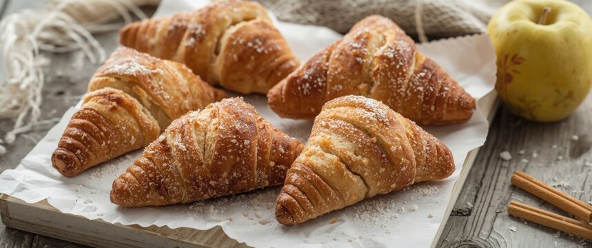 Copy space image of fresh baked apple turnovers on puff pastry served on white wood