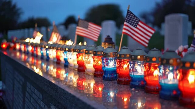 Memorial candles lit at dusk with american flags in a cemetery