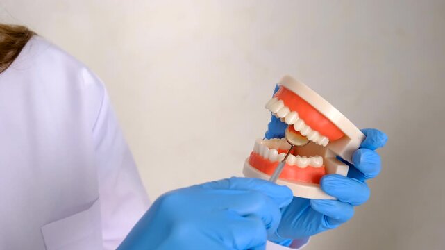 A dentist shows a model of a jaw. Selective focus.
