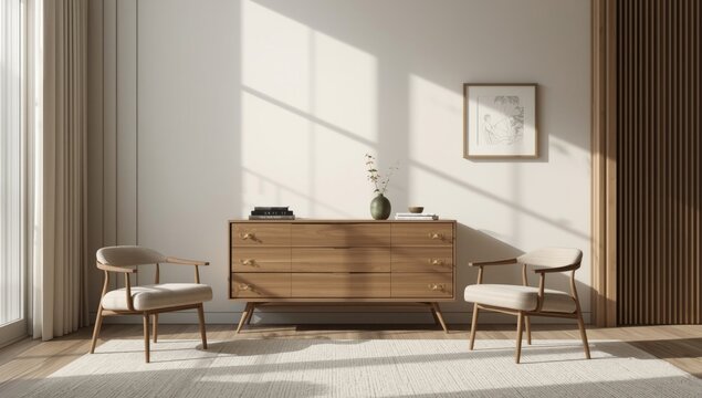 Contemporary neutral living space showcasing retro commode and Japandi elements