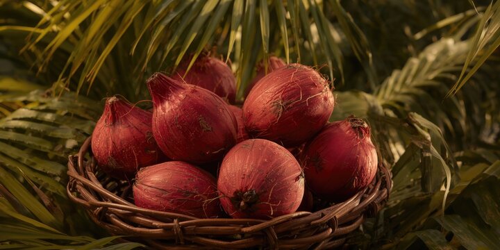 Detailed view of vivid red babassu coconuts arranged inside a wicker basket among lush palm foliage