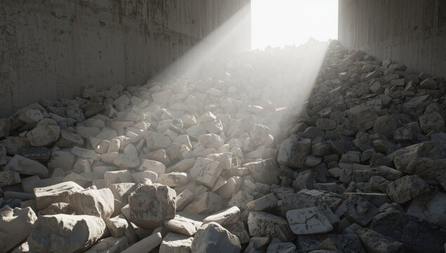 Concrete rubble bathed in sun with large beam on white