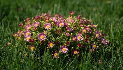 Fototapeta premium Exuberant immortelle pet flowers growing abundantly on lush green grass during summer time
