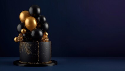 Obraz premium Graceful black and gold birthday cake decorated with balloons on a dark navy background featuring copy space
