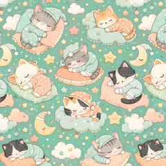 Cute sleeping kittens seamless pattern with stars, moons, and clouds on mint green background for baby nursery textile and wallpaper design © SSS Studio