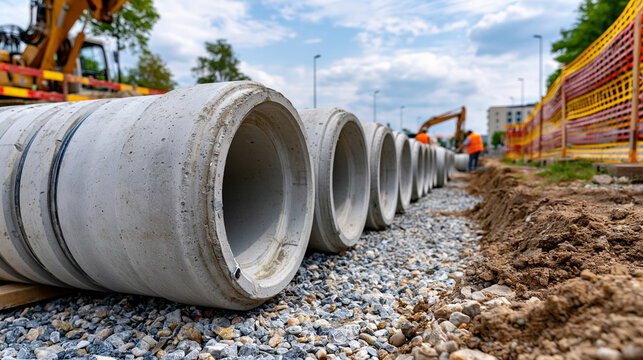 Concrete culvert sections stacked beside a road construction trench, workers preparing drainage installation with gravel bedding and safety fencing, culvert sections, road drainage,