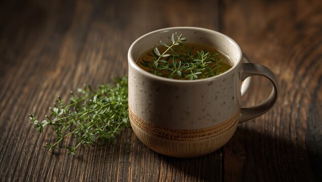 Fresh horsetail tea in ceramic mug on rustic timber surface
