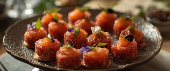 Obraz premium Elegant Tartare Hors Doeuvres with Salmon Beef and Tuna for Festive Occasions