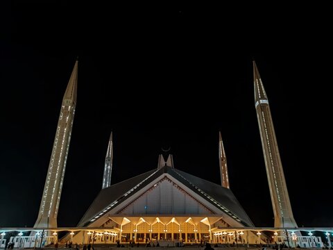 Faisal Mosque Islamabad Illuminated at Night with Four Minarets