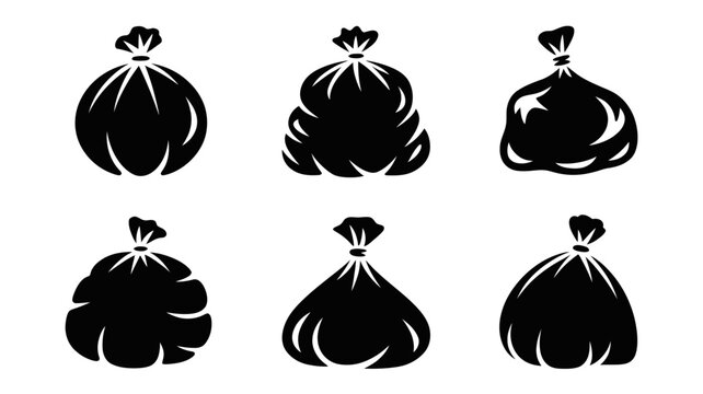 Black garbage bags tied with drawstrings in various shapes and sizes