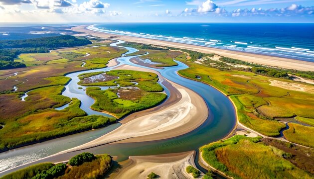 Aerial River Delta Meeting Ocean with Wetlands and Sandy Coast
