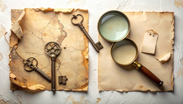 Blank Vintage Map with Old Keys and Magnifying Glass for Mystery