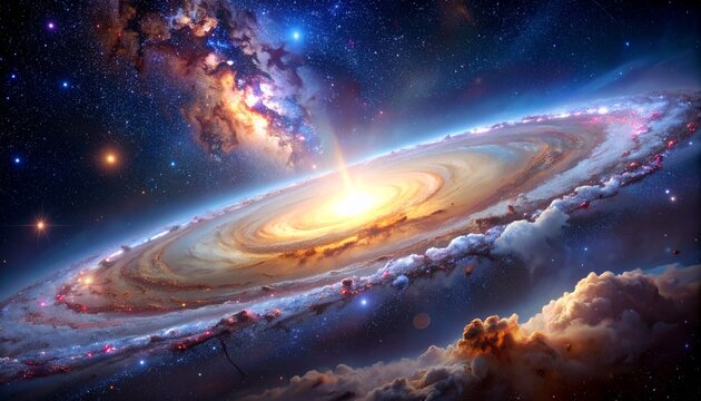Spiral Galaxy and Nebula Clouds Across Deep Space Starfield